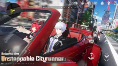 Two anime characters drive a red convertible through a bustling, modern city in a scene from the video game Neverness to Everness.