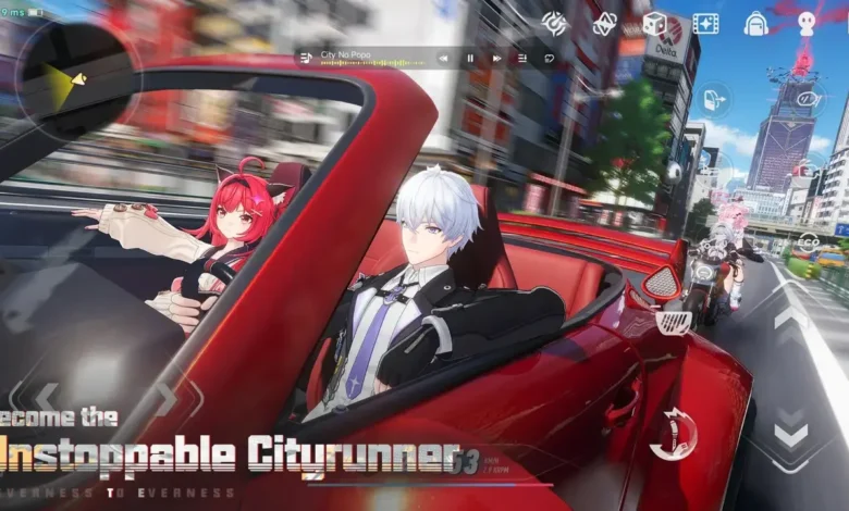 Two anime characters drive a red convertible through a bustling, modern city in a scene from the video game Neverness to Everness.