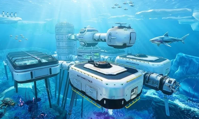 A futuristic, modular underwater research base situated beneath a frozen ocean surface, surrounded by marine life and a large shark.
