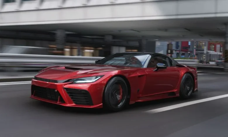 A sleek metallic red sports car speeds along an urban highway, with the background blurred to convey motion.
