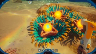A first-person view from an underwater video game features glowing orange alien plants on a sandy seabed with an interaction prompt.