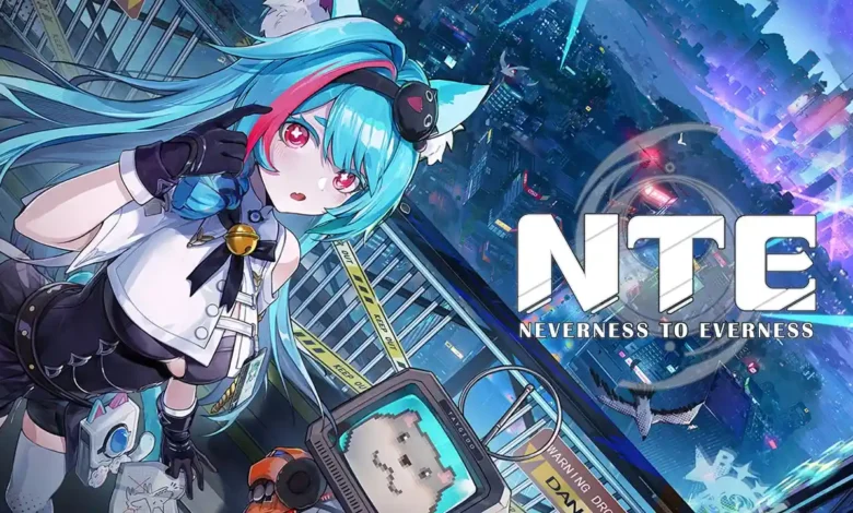 Promotional art for Neverness to Everness featuring a blue-haired anime girl with cat ears overlooking a neon-lit futuristic city.