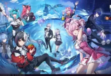 A group of vibrant anime-style characters in dynamic poses set against a futuristic cityscape that transitions from daytime to a starry night.