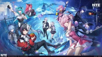 A group of vibrant anime-style characters in dynamic poses set against a futuristic cityscape that transitions from daytime to a starry night.