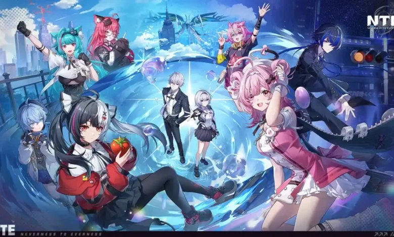 A group of vibrant anime-style characters in dynamic poses set against a futuristic cityscape that transitions from daytime to a starry night.