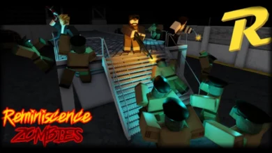 Roblox-style characters defend a metal platform against a swarm of green-skinned zombies in a promotional image for "Reminiscence Zombies."