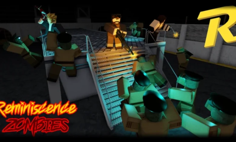 Roblox-style characters defend a metal platform against a swarm of green-skinned zombies in a promotional image for "Reminiscence Zombies."