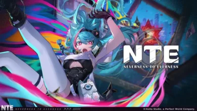 Promotional artwork for the game 'Neverness to Everness' (NTE) featuring a dynamic, turquoise-haired anime character amidst vibrant, swirling colors.