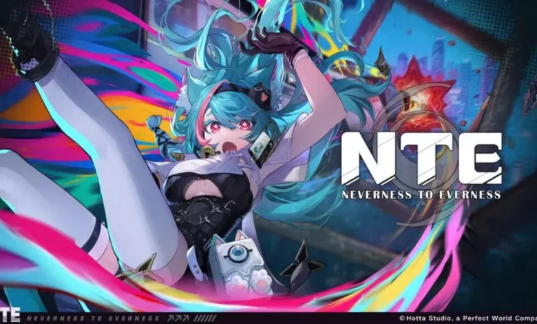 Promotional artwork for the game 'Neverness to Everness' (NTE) featuring a dynamic, turquoise-haired anime character amidst vibrant, swirling colors.