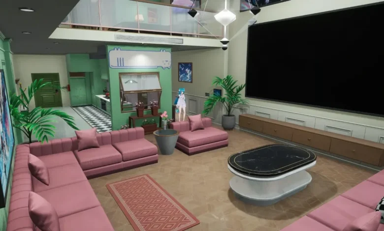 A modern living room featuring pink sofas and a large black screen, with a green-accented kitchen and a loft visible in the background of this digital interior.