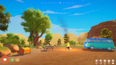 Stylized video game screenshot of a cozy campsite featuring a vintage turquoise van, a glowing campfire, and picnic tables in a bright outdoor setting.