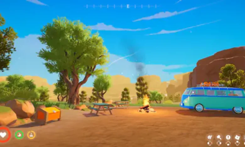 Stylized video game screenshot of a cozy campsite featuring a vintage turquoise van, a glowing campfire, and picnic tables in a bright outdoor setting.