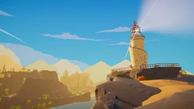 A stylized yellow lighthouse with a glowing beam stands on a rocky cliff overlooking a sunlit mountain valley.