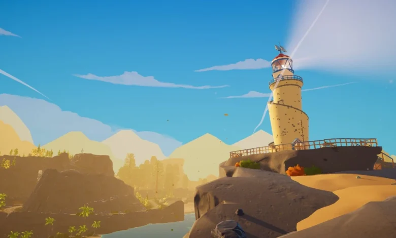 A stylized yellow lighthouse with a glowing beam stands on a rocky cliff overlooking a sunlit mountain valley.