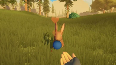 A rabbit in a stylized grassy field holds a blue ball with heart icons floating above it as a player's hand reaches out.