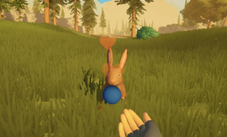 A rabbit in a stylized grassy field holds a blue ball with heart icons floating above it as a player's hand reaches out.