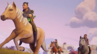 An animated character rides a tan horse with a white mane through a field under a pastel purple sky, followed by other riders in the background.