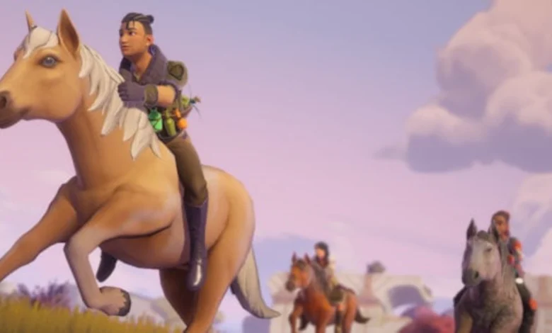 An animated character rides a tan horse with a white mane through a field under a pastel purple sky, followed by other riders in the background.