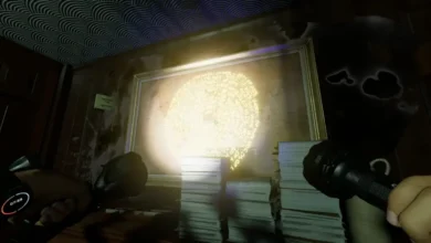 Flashlights illuminate a framed map in a dark room, revealing a glowing spiral of hidden text.