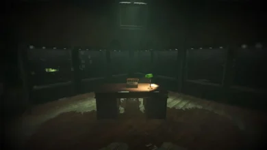 An illuminated desk featuring a typewriter and a green banker's lamp sits in the center of a dark, circular chamber surrounded by shadowy windows.