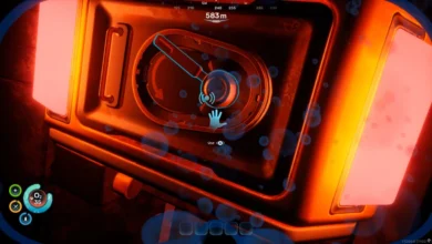 First-person perspective of a player interacting with a manual hatch on an underwater structure, illuminated by an orange glow at a depth of 583 meters.