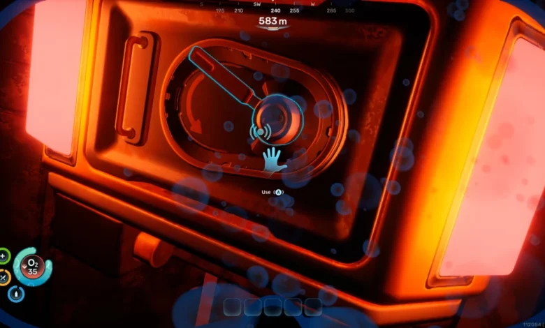 First-person perspective of a player interacting with a manual hatch on an underwater structure, illuminated by an orange glow at a depth of 583 meters.