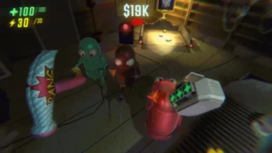 First-person video game screenshot showing three bug-eyed, colorful aliens in a dark room, with an inflatable "BANG" hammer and heads-up display visible.