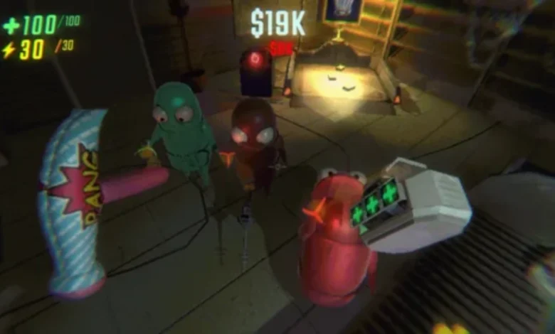 First-person video game screenshot showing three bug-eyed, colorful aliens in a dark room, with an inflatable "BANG" hammer and heads-up display visible.