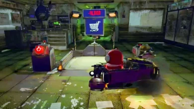 A red crewmate-like character sits in a purple vehicle within a cluttered industrial setting, facing a digital display showing a negative balance and a shopping cart icon.