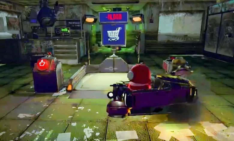 A red crewmate-like character sits in a purple vehicle within a cluttered industrial setting, facing a digital display showing a negative balance and a shopping cart icon.