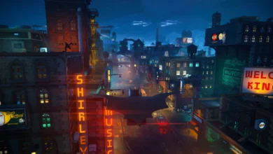 LEGO Batman glides above a neon-lit city street in an atmospheric Gotham City night scene.