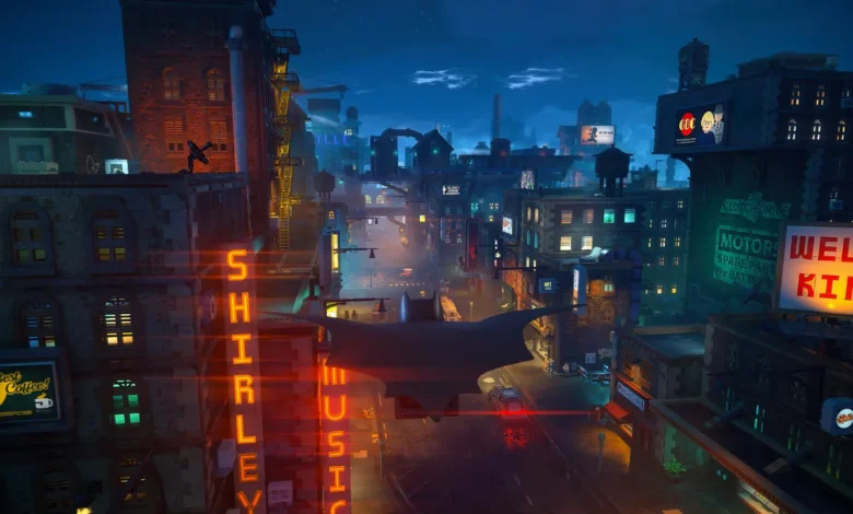 LEGO Batman glides above a neon-lit city street in an atmospheric Gotham City night scene.