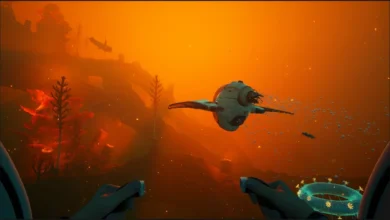 First-person view of a futuristic submersible navigating a murky, orange-hued alien underwater world with bioluminescent plants.