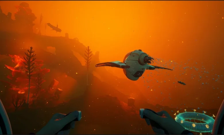 First-person view of a futuristic submersible navigating a murky, orange-hued alien underwater world with bioluminescent plants.