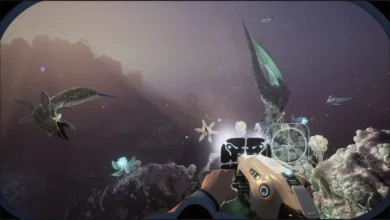 A first-person perspective of a player holding a futuristic device while exploring an alien underwater world filled with bioluminescent plants and strange sea creatures.
