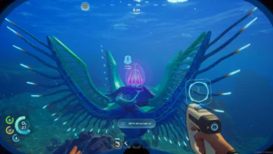 A first-person view from an underwater video game features a massive, vibrant blue and green alien creature with wing-like fins and a glowing pink core.