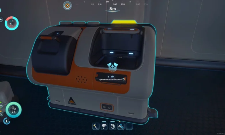 A futuristic white and orange processing machine from a first-person perspective video game, highlighted with a cyan outline and an interaction prompt.