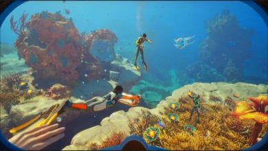 Divers explore a vibrant, colorful coral reef teeming with exotic marine life, seen from a first-person perspective through a diving mask.