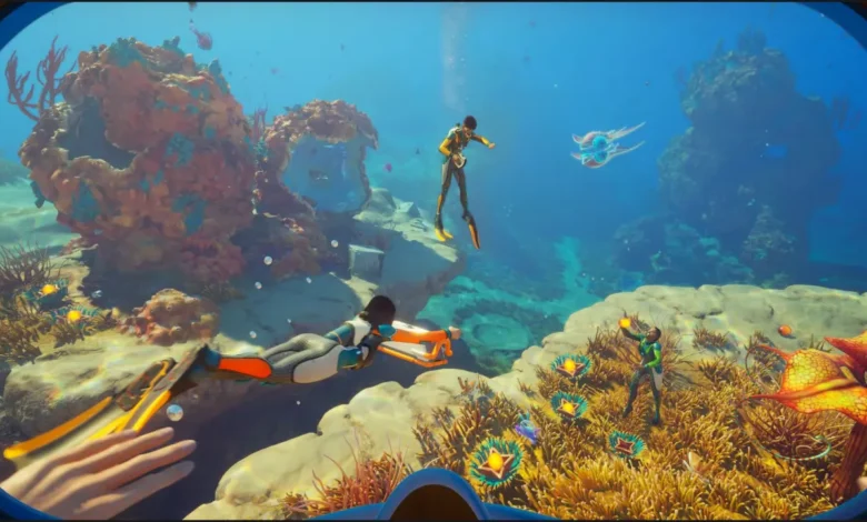Divers explore a vibrant, colorful coral reef teeming with exotic marine life, seen from a first-person perspective through a diving mask.