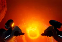 First-person perspective of mechanical hands reaching toward a brilliant, fiery circular portal within a glowing orange subterranean environment.