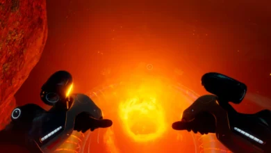 First-person perspective of mechanical hands reaching toward a brilliant, fiery circular portal within a glowing orange subterranean environment.