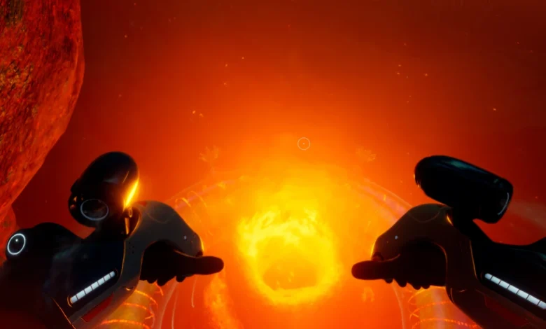 First-person perspective of mechanical hands reaching toward a brilliant, fiery circular portal within a glowing orange subterranean environment.