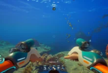 First-person perspective from an underwater video game showing a character holding futuristic exploration tools while swimming through a deep blue ocean with coral reefs.