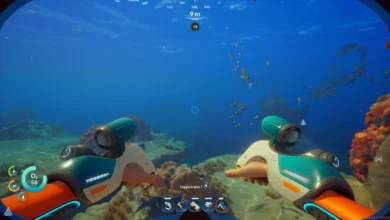 First-person perspective from an underwater video game showing a character holding futuristic exploration tools while swimming through a deep blue ocean with coral reefs.