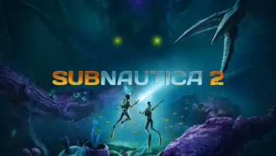 Promotional artwork for the game Subnautica 2 showing two scuba divers exploring a bioluminescent underwater environment while a giant creature looms in the shadows above them.