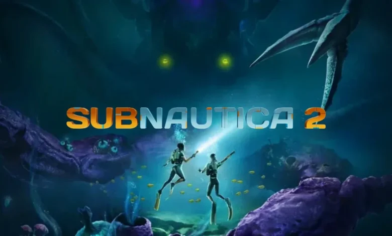 Promotional artwork for the game Subnautica 2 showing two scuba divers exploring a bioluminescent underwater environment while a giant creature looms in the shadows above them.