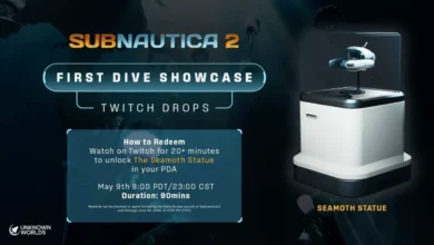 Promotional graphic for the Subnautica 2 First Dive Showcase, detailing how players can earn an in-game Seamoth Statue reward through Twitch Drops on May 9th.