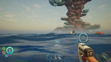 First-person perspective from an ocean surface looking toward a massive, coral-like alien structure rising from the water in a survival video game.
