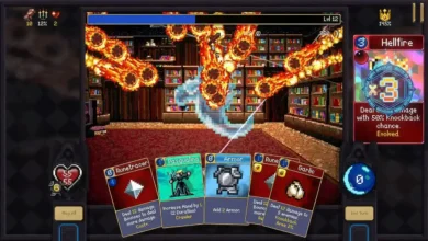A pixel-art card game battle set in a library, featuring cards based on Vampire Survivors and a fiery "Hellfire" ability being activated.