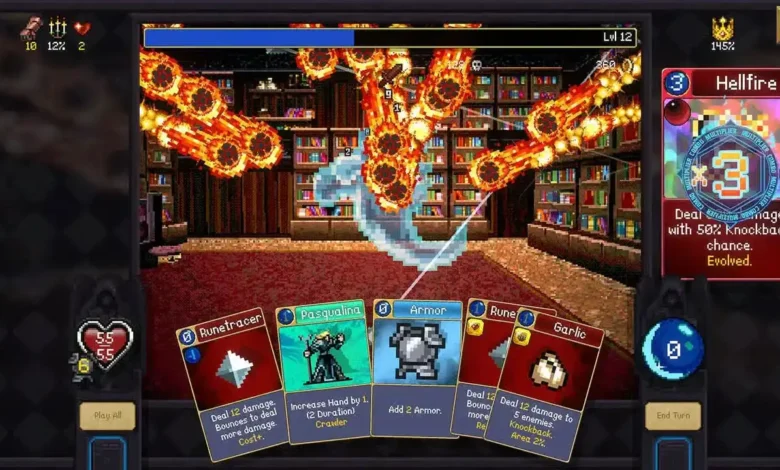 A pixel-art card game battle set in a library, featuring cards based on Vampire Survivors and a fiery "Hellfire" ability being activated.